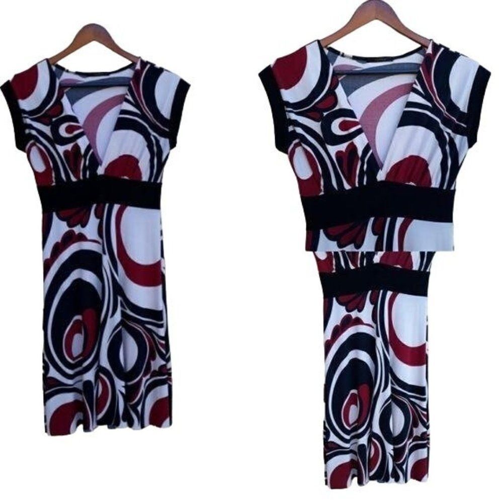 Soprano Dress M White Red Stretch‎ Cap Empire Retro Mod Circle Print Made USA